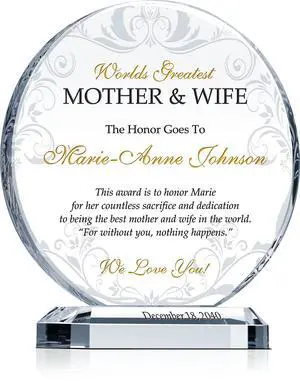 Personalized Crystal Best Wife & Mother Award Plaque Custom Engraved with Wife & Mothers Name Unique Gift from Son, Daughter, or Husband for Mothers Day, Birthday, Christmas & Special Occasions Personalized Crystal Best Wife & Mother Award Plaque Custom Engraved with Wife & Mothers Name Unique Gift from Son, Daughter, or Husband for Mothers Day, Birthday, Christmas & Special Occasions