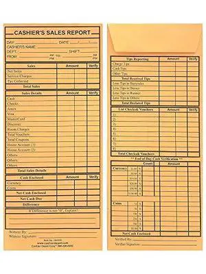 2500 Cashier Depot - Cashier's Sales Report Envelope HM305, 4 1/2" x 10 3/8", Sturdy 24lb. Brown Kraft, Gum Flap. Excellent for Sales, Tips, Checks, Vouchers & End-of-Day Cashout Tracking 2500 Cashier Depot - Cashier's Sales Report Envelope HM305, 4 1/2" x 10 3/8", Sturdy 24lb. Brown Kraft, Gum Flap. Excellent for Sales, Tips, Checks, Vouchers & End-of-Day Cashout Tracking