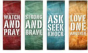 Church Banners for Sanctuary Wall with Bible Scripture Verses Set of 4 2x5ft Fade Resistant Vinyl Christian Worship, Praise, Welcome Religious Decoration Flags for Church Anniversary & Christmas Event Church Banners for Sanctuary Wall with Bible Scripture Verses Set of 4 2x5ft Fade Resistant Vinyl Christian Worship, Praise, Welcome Religious Decoration Flags for Church Anniversary & Christmas Event