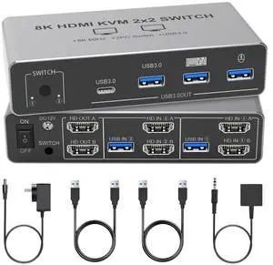 Tendak HDMI KVM Switch 2 Monitors 2 Computers, 8K@60Hz KVM Switch with 4 USB 3.0 Ports Sharing Keyboard Mouse Printer Between 2 PCs, Support EDID/HDCP, with 2 USB Cables, Power Adapter & Controller Tendak HDMI KVM Switch 2 Monitors 2 Computers, 8K@60Hz KVM Switch with 4 USB 3.0 Ports Sharing Keyboard Mouse Printer Between 2 PCs, Support EDID/HDCP, with 2 USB Cables, Power Adapter & Controller