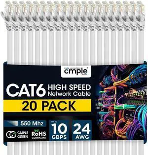 Cmple - 20 Pack Cat6 Ethernet Cable 10 ft Cat 6 Network Cables with RJ45 Connectors 10Gbps Computer LAN Patch Cord Router 550Mhz Cat 6 Wire - White Cmple - 20 Pack Cat6 Ethernet Cable 10 ft Cat 6 Network Cables with RJ45 Connectors 10Gbps Computer LAN Patch Cord Router 550Mhz Cat 6 Wire - White