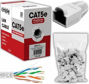 Cmple - White Cat5e Ethernet Cable 1000ft Bulk Unshielded Twisted Pair (UTP), Solid 24AWG + 50 Pack White RJ45 Strain Relief Boots for Ethernet RJ45 LAN Cable Bundle Cmple - White Cat5e Ethernet Cable 1000ft Bulk Unshielded Twisted Pair (UTP), Solid 24AWG + 50 Pack White RJ45 Strain Relief Boots for Ethernet RJ45 LAN Cable Bundle