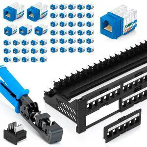 Bundle 4 Items: 48 Port Keystone Patch Panel (1-Pack) + 90° Angled Speed Termination Tool (easyJACK) + Replacement Head + 90° Angled RJ45 Cat6 Keystone Jacks in Blue (50 Pack) Bundle 4 Items: 48 Port Keystone Patch Panel (1-Pack) + 90° Angled Speed Termination Tool (easyJACK) + Replacement Head + 90° Angled RJ45 Cat6 Keystone Jacks in Blue (50 Pack)