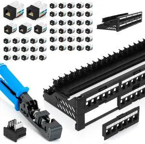Bundle 4 Items: 48 Port Keystone Patch Panel (2-Pack) + 90° Angled Speed Termination Tool (easyJACK) + Replacement Head + 90° Angled RJ45 Cat6 Keystone Jacks in Black (50 Pack) Bundle 4 Items: 48 Port Keystone Patch Panel (2-Pack) + 90° Angled Speed Termination Tool (easyJACK) + Replacement Head + 90° Angled RJ45 Cat6 Keystone Jacks in Black (50 Pack)