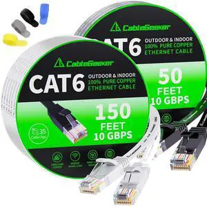 CableGeeker Cat6 Flat 150ft White & Flat 50ft Black Ethernet Cable CableGeeker Cat6 Flat 150ft White & Flat 50ft Black Ethernet Cable