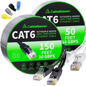 CableGeeker Cat6 Flat 150ft Black & Flat 50ft White Ethernet Cable CableGeeker Cat6 Flat 150ft Black & Flat 50ft White Ethernet Cable