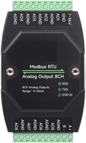 RS485 Industrial 8 Ch Analog Output Module 12-bit DA Conversion Supports 8-ch Simultaneous Voltage Or Current Output DC 7~36V(0 to 20mA) RS485 Industrial 8 Ch Analog Output Module 12-bit DA Conversion Supports 8-ch Simultaneous Voltage Or Current Output DC 7~36V(0 to 20mA)