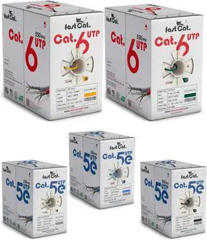 fast Cat. Cat6 and Cat5e Ethernet Cable Bundle 5-Pack 1000ft Each Solid Bare Copper, CMR Rated, UTP LAN Cable Cat6 (Yellow & Green) & Cat5e (Blue, Black & White) fast Cat. Cat6 and Cat5e Ethernet Cable Bundle 5-Pack 1000ft Each Solid Bare Copper, CMR Rated, UTP LAN Cable Cat6 (Yellow & Green) & Cat5e (Blue, Black & White)