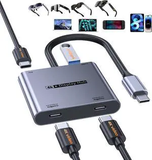 4-in-1 Dual USB-C Display Hub for Switch 2, Switch Docking Station Portable with 4K@60Hz/100W PD/USB3.0 5Gbps for AR/XR Glasses/Switch 1 2/Steam Deck/Laptop/Portable Monitor& Type-C Display 4-in-1 Dual USB-C Display Hub for Switch 2, Switch Docking Station Portable with 4K@60Hz/100W PD/USB3.0 5Gbps for AR/XR Glasses/Switch 1 2/Steam Deck/Laptop/Portable Monitor& Type-C Display