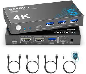 Hearvo USB 3.0 HDMI + USB-C KVM Switch 1 Monitor 2 Computers, 4K@60Hz KVM Switch for PC & Laptop/Mac mini Sharing Monitor Keyboard Mouse and USB Devices, with EDID, Wired Controller Hearvo USB 3.0 HDMI + USB-C KVM Switch 1 Monitor 2 Computers, 4K@60Hz KVM Switch for PC & Laptop/Mac mini Sharing Monitor Keyboard Mouse and USB Devices, with EDID, Wired Controller