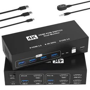 HDMI KVM Switch 2 Monitors 2 Computers, 4K@60Hz Dual Monitor KVM Switches USB Switch with 4 USB 3.0 Ports Sharing Keyboard Mouse Printer, Computer Switch Monitor Switch for 2 Computers with Controller HDMI KVM Switch 2 Monitors 2 Computers, 4K@60Hz Dual Monitor KVM Switches USB Switch with 4 USB 3.0 Ports Sharing Keyboard Mouse Printer, Computer Switch Monitor Switch for 2 Computers with Controller