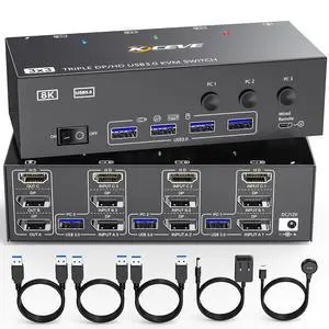 KVM Switch 3 Monitors 3 Computers HDMI + DisplayPort, KCEVE 8K USB 3.0 DP KVM Switcher, 8K@30Hz/4k@144Hz Triple Monitor DP KVM for 3 PC Share 3 Display and 4 USB 3.0 Devices KVM Switch 3 Monitors 3 Computers HDMI + DisplayPort, KCEVE 8K USB 3.0 DP KVM Switcher, 8K@30Hz/4k@144Hz Triple Monitor DP KVM for 3 PC Share 3 Display and 4 USB 3.0 Devices