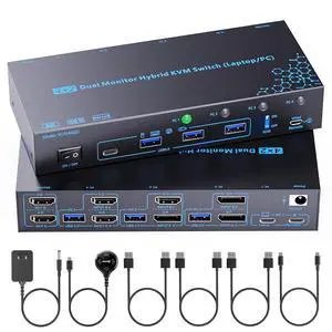 Dual Monitors 4 Computers KVM Switch Mixed Port, Reyoten 4K@60Hz USB-C KVM for 1 Laptop (100W PD Charging) & 3 PCs, HDMI DP Hybrid KVM Support EDID Emulation, 3 USB 3.0 Hubs, Wired Remote Dual Monitors 4 Computers KVM Switch Mixed Port, Reyoten 4K@60Hz USB-C KVM for 1 Laptop (100W PD Charging) & 3 PCs, HDMI DP Hybrid KVM Support EDID Emulation, 3 USB 3.0 Hubs, Wired Remote