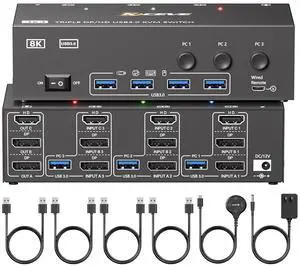KVM Switch 3 Monitors 3 Computers 8K@60Hz 4K@144Hz, HDMI Dispalyport Triple Monitor KVM Switches with 4 USB3.0 Port for USB Devices, Support Extended/Mirror Mode, Wired Controller and USB3.0 Cables KVM Switch 3 Monitors 3 Computers 8K@60Hz 4K@144Hz, HDMI Dispalyport Triple Monitor KVM Switches with 4 USB3.0 Port for USB Devices, Support Extended/Mirror Mode, Wired Controller and USB3.0 Cables