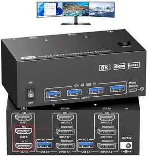 KVM Switch 3 Monitors 2 Computers 8K@30Hz/4K@60Hz, HDMI KVM Switches for 2 PC Sharing Triple Monitor and Keyboard Mouse with Power Adapter KVM Switch 3 Monitors 2 Computers 8K@30Hz/4K@60Hz, HDMI KVM Switches for 2 PC Sharing Triple Monitor and Keyboard Mouse with Power Adapter