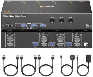 KVM Switch 3 Monitors 3 Computers 4K@60Hz EDID Simulation, USB 3.0 HDMI Displayport KVM Switch Triple Monitor for 3 PC Share 3 Monitors and Keyboard Mouse Printer, with Wired Remote and 3 USB Cables KVM Switch 3 Monitors 3 Computers 4K@60Hz EDID Simulation, USB 3.0 HDMI Displayport KVM Switch Triple Monitor for 3 PC Share 3 Monitors and Keyboard Mouse Printer, with Wired Remote and 3 USB Cables