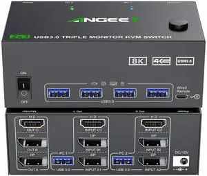 KVM Switch 3 Monitors 2 Computers 8K@60Hz 4K@144Hz, ANGEET HDMI Displayport KVM Switch Triple Monitor for 2 Computer Share 3 Monitor and 4 USB3.0 Devices, with Wired Remote and Power Adapter KVM Switch 3 Monitors 2 Computers 8K@60Hz 4K@144Hz, ANGEET HDMI Displayport KVM Switch Triple Monitor for 2 Computer Share 3 Monitor and 4 USB3.0 Devices, with Wired Remote and Power Adapter