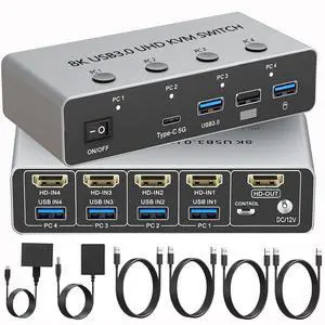 KVM Switch 4 Computers 1 Monitor, 8K@60Hz HDMI Switcher with 4 HDMI in 1 Out, 3 USB3.0+1 Type-C Hub, Wired Remote, 4 PCs Share Keyboard Mouse Printer, Home Office, Gaming + Streaming KVM Switch 4 Computers 1 Monitor, 8K@60Hz HDMI Switcher with 4 HDMI in 1 Out, 3 USB3.0+1 Type-C Hub, Wired Remote, 4 PCs Share Keyboard Mouse Printer, Home Office, Gaming + Streaming