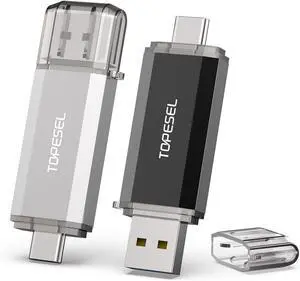 TOPESEL 2 Pack 128GB USB C Flash Drive Dual 2-in-1 Thumb Drive USB 3.0/3.1 Memory Drive 128GB Type C Memory Stick with LED Indicator for Android Smartphones, Computer, Tablet, PC (Black and Silver) TOPESEL 2 Pack 128GB USB C Flash Drive Dual 2-in-1 Thumb Drive USB 3.0/3.1 Memory Drive 128GB Type C Memory Stick with LED Indicator for Android Smartphones, Computer, Tablet, PC (Black and Silver)