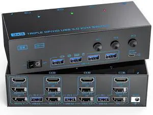 KVM Switch 3 Monitors 3 Computers, ANXQQ 8K@60Hz 4K@144Hz Triple Monitor KVM, HDMI + Displayport KVM Switch with 4 USB 3.0 Ports, 3 Monitor KVM with Power Adapter and Wired Remote KVM Switch 3 Monitors 3 Computers, ANXQQ 8K@60Hz 4K@144Hz Triple Monitor KVM, HDMI + Displayport KVM Switch with 4 USB 3.0 Ports, 3 Monitor KVM with Power Adapter and Wired Remote