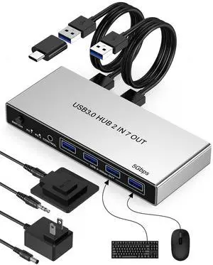 USB 3.0 Switch for 2 Computers, Sharing 4 USB-A & 3 USB-C Devices - 7 Port USB Switcher Selector to Share Keyboard, Mouse, USB Flash Drive, Printer, Scanner, with 2 USB 3.0 Cables and Controller USB 3.0 Switch for 2 Computers, Sharing 4 USB-A & 3 USB-C Devices - 7 Port USB Switcher Selector to Share Keyboard, Mouse, USB Flash Drive, Printer, Scanner, with 2 USB 3.0 Cables and Controller