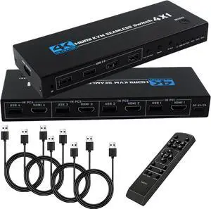 HDMI KVM Switch 4 Port, 4 in 1 Out 4K@30Hz USB 2.0 KVM Switcher with Remote Hotkey Switch, Multiview Split Screen Mouse Roaming for PC Laptop Gaming Monitor HDMI KVM Switch 4 Port, 4 in 1 Out 4K@30Hz USB 2.0 KVM Switcher with Remote Hotkey Switch, Multiview Split Screen Mouse Roaming for PC Laptop Gaming Monitor