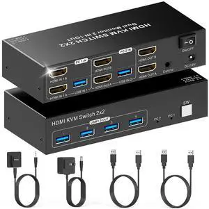4K HDMI KVM Switch Dual Monitor 2 Computers 4K@60Hz KVM Switcher 2 PC 2 Monitors with 4 USB 3.0 Port Wired Remote 12V Power Adapter and USB 3.0 Cables Support Extended Display for Keyboard Mouse 4K HDMI KVM Switch Dual Monitor 2 Computers 4K@60Hz KVM Switcher 2 PC 2 Monitors with 4 USB 3.0 Port Wired Remote 12V Power Adapter and USB 3.0 Cables Support Extended Display for Keyboard Mouse