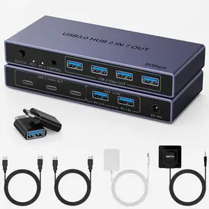 2-in 7-Out USB 3.0 Switch, USB Switcher for 2 Computers Share 7 USB Devices (4 USB-A + 3 USB-C), USB Switches Sharing Keyboard Mouse Printer Scanner with USB-C Male Adapter, Controller, Power Adapter 2-in 7-Out USB 3.0 Switch, USB Switcher for 2 Computers Share 7 USB Devices (4 USB-A + 3 USB-C), USB Switches Sharing Keyboard Mouse Printer Scanner with USB-C Male Adapter, Controller, Power Adapter