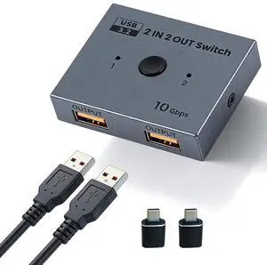 USB 3.2 Switch 2 in 2 Out, 10Gbps USB Switcher for 2 Computers, Printer Splitter USB Peripheral Selector for Keyboard Mouse Scanner, Plug & Play with 2 USB 3.2 Cables & Type-C OTG USB 3.2 Switch 2 in 2 Out, 10Gbps USB Switcher for 2 Computers, Printer Splitter USB Peripheral Selector for Keyboard Mouse Scanner, Plug & Play with 2 USB 3.2 Cables & Type-C OTG