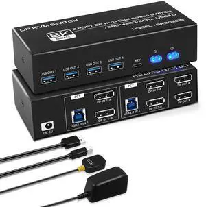 8K DP KVM Switch 2 PC 2 Monitor, Dual Monitor KVM with 4 DP and 2 USB Cables, 4K@120Hz 8K@60Hz Displayport 1.4 and USB 3.0 8K DP KVM Switch 2 PC 2 Monitor, Dual Monitor KVM with 4 DP and 2 USB Cables, 4K@120Hz 8K@60Hz Displayport 1.4 and USB 3.0