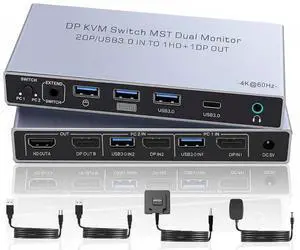 Dual Monitor Displayport KVM Switch 2 Monitors 2 Computers 4K 60Hz HDMI+DP 4 USB3.0 KVM Switcher 2DP in HDMI+DisplayPort Output KVM Switcher for 2 PC Sharing Keyboard Mouse Mic and Audio Output (Gray) Dual Monitor Displayport KVM Switch 2 Monitors 2 Computers 4K 60Hz HDMI+DP 4 USB3.0 KVM Switcher 2DP in HDMI+DisplayPort Output KVM Switcher for 2 PC Sharing Keyboard Mouse Mic and Audio Output (Gray)
