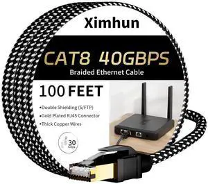 Cat 8 Ethernet Cable 100FT, Nylon Braided High Speed Internet Network Cable with RJ45 Connector, 40Gbps 2000MHz Heavy Duty LAN Cable Indoor&Outdoor for Modem/Router/Gaming/PC Cat 8 Ethernet Cable 100FT, Nylon Braided High Speed Internet Network Cable with RJ45 Connector, 40Gbps 2000MHz Heavy Duty LAN Cable Indoor&Outdoor for Modem/Router/Gaming/PC