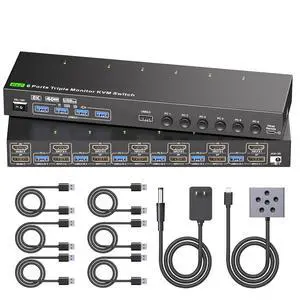 Dual Monitor KVM Switch for 6 PCs Share 2 Monitors, HDMI+Displayport KVM Switch 6 Computers 2 Monitors, 4K@120Hz/8K@30Hz with 4 USB3.0 Ports, USB Cables and Power Adapter Dual Monitor KVM Switch for 6 PCs Share 2 Monitors, HDMI+Displayport KVM Switch 6 Computers 2 Monitors, 4K@120Hz/8K@30Hz with 4 USB3.0 Ports, USB Cables and Power Adapter