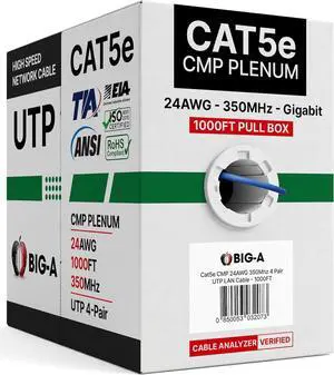 Big-A - Plenum Ethernet Cable 1000ft, Bulk Cat5e Cable (CMP) Gigabit Solid Network Wire, 350MHz Cat5e Ethernet Cord, Unshielded Twisted Pair (UTP) - Blue Big-A - Plenum Ethernet Cable 1000ft, Bulk Cat5e Cable (CMP) Gigabit Solid Network Wire, 350MHz Cat5e Ethernet Cord, Unshielded Twisted Pair (UTP) - Blue