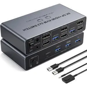 Dual Monitor 8K HDMI Displayport KVM Switch, 2 Monitors 2 Desktop Computers 4K@144Hz HDMI+DP 2IN 2 Out USB 3.0 KVM Switcher, 2 Switching Modes, 2 PCs Share 1 Set of Keyboard Mouse Printer Dual Monitor 8K HDMI Displayport KVM Switch, 2 Monitors 2 Desktop Computers 4K@144Hz HDMI+DP 2IN 2 Out USB 3.0 KVM Switcher, 2 Switching Modes, 2 PCs Share 1 Set of Keyboard Mouse Printer