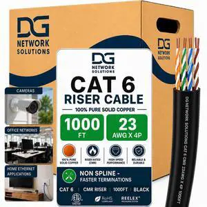 DG Cat6 Riser (CMR), 1000ft, Unshielded, 23AWG, Solid Bare Copper, Up to 10Gb Speeds, No Spline, Faster-Easier Terminations, 550MHz, ETL Listed, Indoor/Home/Commercial Use, Bulk Ethernet Cable, Black DG Cat6 Riser (CMR), 1000ft, Unshielded, 23AWG, Solid Bare Copper, Up to 10Gb Speeds, No Spline, Faster-Easier Terminations, 550MHz, ETL Listed, Indoor/Home/Commercial Use, Bulk Ethernet Cable, Black