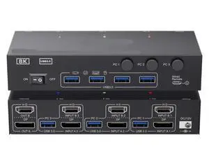 USB 3.0 KVM Switch Compatible with 4 Computers Or 3 Computers HDMI and DisplayPort Support 2 Monitors 8K@60Hz 4K@144Hz(Cable Length: UK Power Adapter) USB 3.0 KVM Switch Compatible with 4 Computers Or 3 Computers HDMI and DisplayPort Support 2 Monitors 8K@60Hz 4K@144Hz(Cable Length: UK Power Adapter)