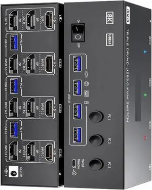 KVM Switch 3/2 Monitors 3 Computers 8K HDMI Displayport Triple Monitor/Dual Monitor Mixed Display KVM with 4 USB 3.0 Ports(303DH) KVM Switch 3/2 Monitors 3 Computers 8K HDMI Displayport Triple Monitor/Dual Monitor Mixed Display KVM with 4 USB 3.0 Ports(303DH)
