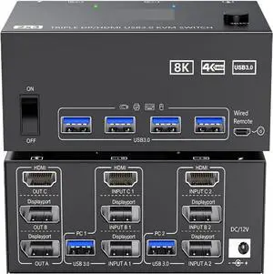 8K Triple Monitor KVM Switch 3 Monitors 2 Computers, 2 Displayport + HDMI USB3.0 KVM Switch with 4 USB 3.0 Port for Keyboard(203DH-1) 8K Triple Monitor KVM Switch 3 Monitors 2 Computers, 2 Displayport + HDMI USB3.0 KVM Switch with 4 USB 3.0 Port for Keyboard(203DH-1)