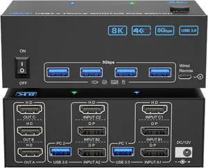 KVM Switch 3 Monitors 2 Computers 8K 4K,1*HDMI+2*DP in,3*HDMI Out,Triple Monitor KVM Switch with 4 USB 3.0 Ports(with EU Plug) KVM Switch 3 Monitors 2 Computers 8K 4K,1*HDMI+2*DP in,3*HDMI Out,Triple Monitor KVM Switch with 4 USB 3.0 Ports(with EU Plug)