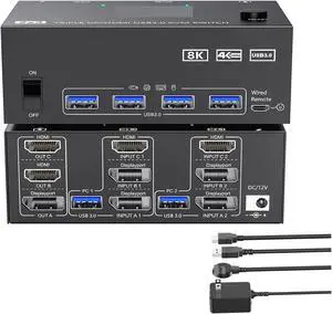 2HDMI + Displayport KVM Switch 3 Monitors 2 Computers 8K@60Hz 4K@144Hz,Triple Monitor KVM Switch for 2 Computers Share 3 Monitor(with UK Plug) 2HDMI + Displayport KVM Switch 3 Monitors 2 Computers 8K@60Hz 4K@144Hz,Triple Monitor KVM Switch for 2 Computers Share 3 Monitor(with UK Plug)