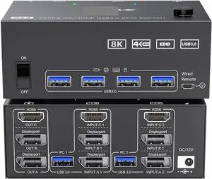 8K USB 3.0 KVM Switcher,2 Input 3 Output 3 Monitors 2 Computers Switch Support 8K@30Hz 4K@144Hz USB 3.0 Displayport for 2 PC(EU Power Plug) 8K USB 3.0 KVM Switcher,2 Input 3 Output 3 Monitors 2 Computers Switch Support 8K@30Hz 4K@144Hz USB 3.0 Displayport for 2 PC(EU Power Plug)