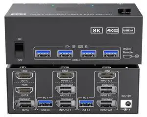 KVM Switch 3 Monitors 2 Computers 8K@60Hz 4K@144Hz 2 Displayport HDMI USB 3.0 KVM Switch Triple Monitor with 4 USB Port(AU Plug) KVM Switch 3 Monitors 2 Computers 8K@60Hz 4K@144Hz 2 Displayport HDMI USB 3.0 KVM Switch Triple Monitor with 4 USB Port(AU Plug)