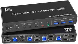 8K@60Hz Displayport USB3.0 KVM Switch 2 Monitor for 4 Computer, DP1.4 Switch 4 Port with Audio Microphone Output 3 USB 3.0 Ports(EU Power Adapter) 8K@60Hz Displayport USB3.0 KVM Switch 2 Monitor for 4 Computer, DP1.4 Switch 4 Port with Audio Microphone Output 3 USB 3.0 Ports(EU Power Adapter)