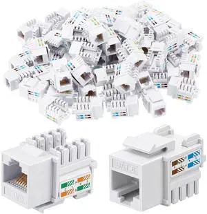 Hoteam 125 Pcs Cat6 Keystone Jacks, Rj45 Ethernet Modular Coupler Punch Down Insert, 90-Degree UTP Connector for Wall Plate, Panel and Surface Mount Box (White) Hoteam 125 Pcs Cat6 Keystone Jacks, Rj45 Ethernet Modular Coupler Punch Down Insert, 90-Degree UTP Connector for Wall Plate, Panel and Surface Mount Box (White)