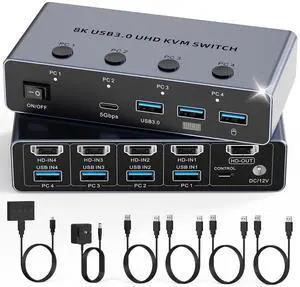 8K HDMI 2.1 KVM Switch 4 Computers 1 Monitor, 4 Port USB 3.0 KVM Switcher with 3 USB-A & 1 USB-C, Supports 4K@120Hz 8K@60Hz, EDID Adaptive & HDCP 2.3, with Wired Remote and 4 USB 3.0 Cables 8K HDMI 2.1 KVM Switch 4 Computers 1 Monitor, 4 Port USB 3.0 KVM Switcher with 3 USB-A & 1 USB-C, Supports 4K@120Hz 8K@60Hz, EDID Adaptive & HDCP 2.3, with Wired Remote and 4 USB 3.0 Cables