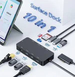 10-in-1 Surface Docking Station for Surface Pro & Laptop, 4K@60Hz HDMI, USB-C & USB 3.0 Ports, SD/TF Card Reader, Gigabit Ethernet, PD Charging, Magnetic Surface Connect 10-in-1 Surface Docking Station for Surface Pro & Laptop, 4K@60Hz HDMI, USB-C & USB 3.0 Ports, SD/TF Card Reader, Gigabit Ethernet, PD Charging, Magnetic Surface Connect