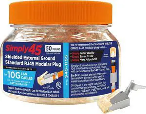 Simply45 Standard RJ45 Modular Plugs for 10G Cat7a/7/6a Shielded, External Ground with Bar45 Orange Tint - 50pcs/Jar Simply45 Standard RJ45 Modular Plugs for 10G Cat7a/7/6a Shielded, External Ground with Bar45 Orange Tint - 50pcs/Jar