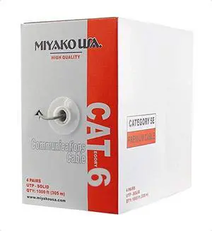 MIYAKO USA Cat6, 1000ft, 23AWG 4 Pair Solid Copper CLAD Aluminum, 550MHz, Unshielded Twisted Pair (UTP), Bulk Ethernet Cable Pull Box Gray (23-CAT6E) MIYAKO USA Cat6, 1000ft, 23AWG 4 Pair Solid Copper CLAD Aluminum, 550MHz, Unshielded Twisted Pair (UTP), Bulk Ethernet Cable Pull Box Gray (23-CAT6E)