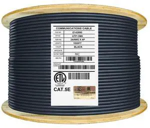 Elite Cat5e Outdoor Cable. CMX - UV Resistant, 1000ft, UL Listed, 24AWG, Unshielded, 350MHz, Bulk Reel, Black Elite Cat5e Outdoor Cable. CMX - UV Resistant, 1000ft, UL Listed, 24AWG, Unshielded, 350MHz, Bulk Reel, Black